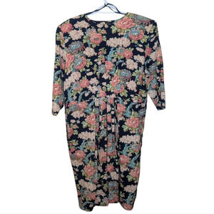Vintage Floral Midi Long Sleeve Pleated Front Dress Women 16W